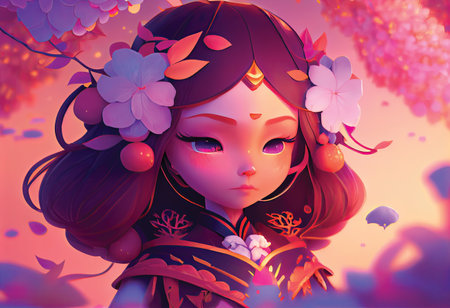 Beautiful asian girl with flowers in her hair. 3d renderingの素材