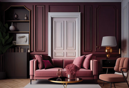 Luxury living room interior with pink sofa, armchairs, coffee table and bookshelf. 3d renderの素材