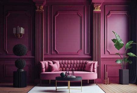 Classic interior with pink walls, mouldings, sofa and plants. 3d renderの素材