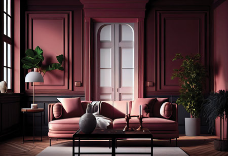 Luxury living room interior with red walls, sofa, coffee table and armchair. 3d renderingの素材