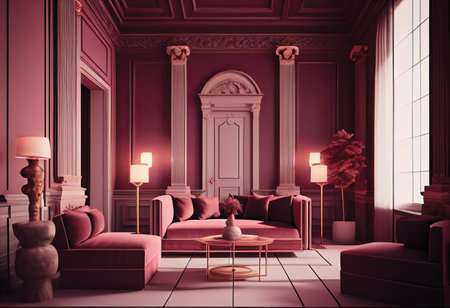 Classic interior of living room with pink walls, sofa and armchairs. 3d renderの素材