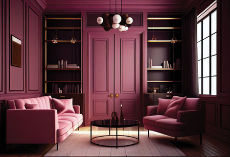 Luxury living room with pink walls, sofa and bookshelves. 3d renderingの素材