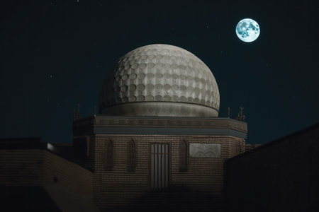 Night view of the dome of the mosque at night with full moonの素材