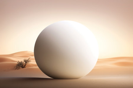 3d rendering of a white sphere in the desert with sand dunesの素材