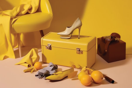Still life with shoes and yellow bag on yellow background. Fashion conceptの素材