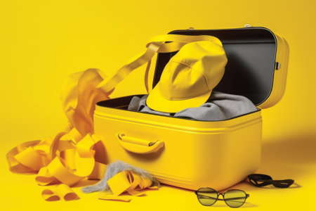 Suitcase with clothes and sunglasses on yellow background, closeupの素材