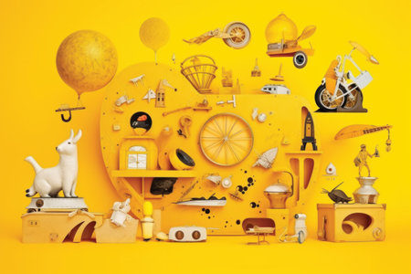 Colorful children's toys on a yellow background. The concept of childhood and leisure.の素材