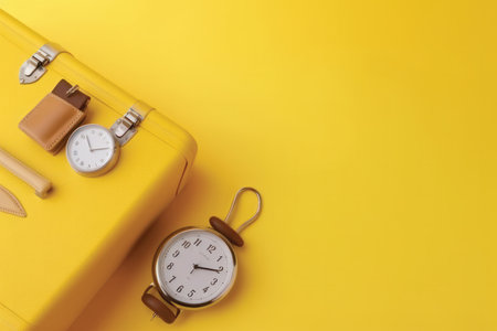 Top view of yellow travel suitcase with alarm clock on yellow background.の素材