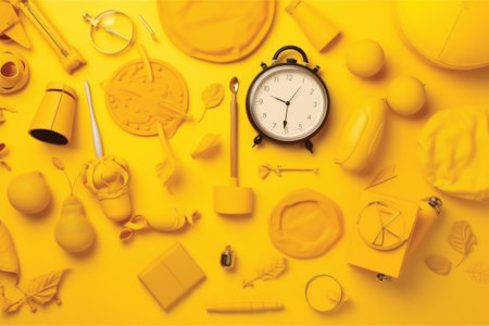 Flat lay composition with alarm clock and yellow accessories on color backgroundの素材