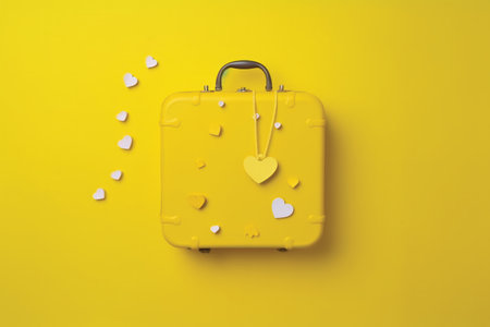 yellow suitcase with hearts on a yellow background. travel concept. top viewの素材