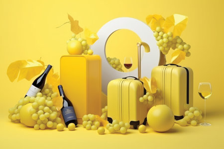 3d illustration of yellow and black travel suitcases, bottle of wine, glasses, grapes and podium on yellow backgroundの素材
