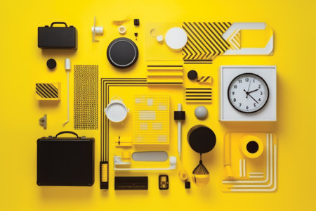 Flat lay of office accessories on yellow background. Top view.の素材