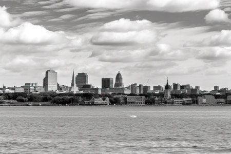 The skyline of the city of London, UK in black and whiteの素材