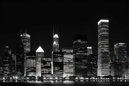 Chicago skyline at night, Illinois, USA. Black and white.の素材