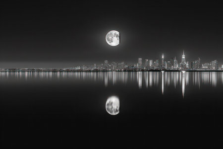 Moon over the city at night with reflection in the water, Hong Kongの素材