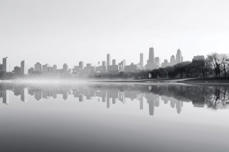 Chicago skyline reflected in lake with fog. Black and white image.の素材