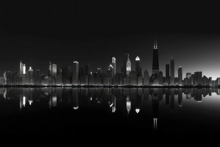 Chicago skyline at night with reflection on water. 3D rendering.の素材