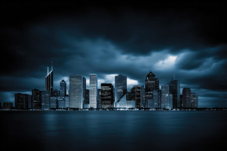 Shanghai skyline at night with dark clouds over Huangpu riverの素材