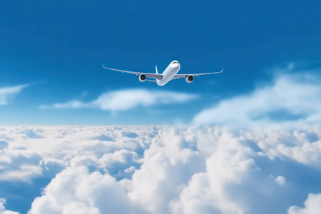 Airplane flying in the blue sky above the clouds. 3d renderingの素材