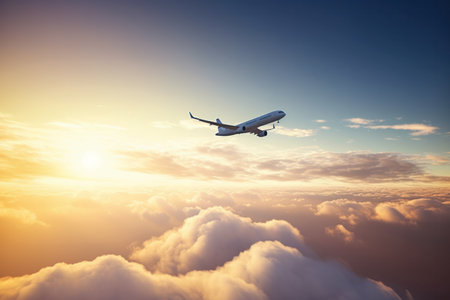 Airplane flying above the clouds at sunset. Travel and vacation concept.の素材