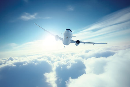 Airplane flying in the blue sky with clouds. Travel concept.の素材