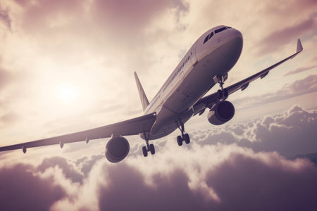 Airplane flying above clouds at sunset. Business travel and transportation conceptの素材