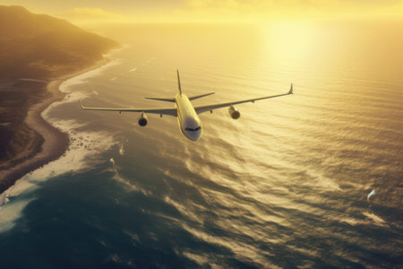 Airplane flying over the sea at sunset. 3D Renderingの素材