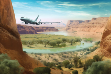 Airplane flying over the river in the desert. 3d renderingの素材