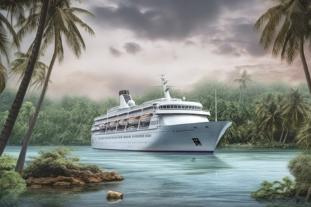 Cruise ship in the ocean with palm trees. 3d renderingの素材