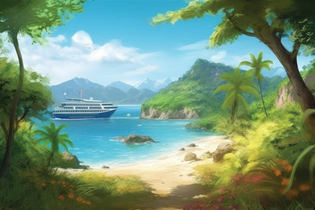 Digital painting of a cruise ship in a tropical beach with palm treesの素材