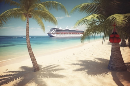 Cruise ship on the beach with palm trees. 3d renderingの素材