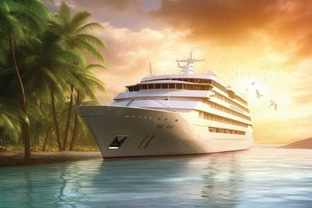 Cruise Ship in the Ocean at Sunset 3D Render Illustrationの素材
