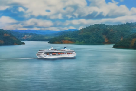 Cruise ship in the blue sea with mountains on the background.の素材
