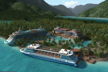 Cruise ship in the ocean. 3D rendering. Computer digital drawing.の素材