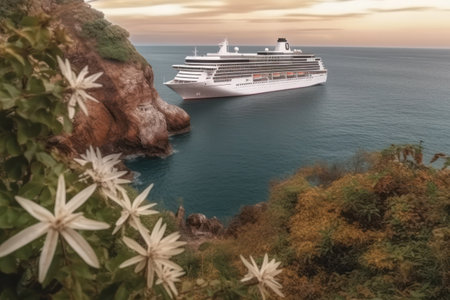 Cruise ship in the sea at sunset time. 3d renderingの素材