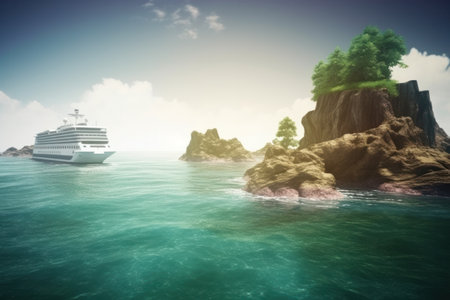 Cruise ship on the sea at sunny day. 3d renderingの素材