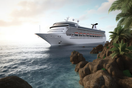 Cruise ship in the ocean. 3D render. Conceptual image.の素材
