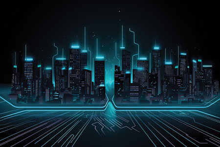 Futuristic city with glowing lights on dark background. Vector illustration.の素材