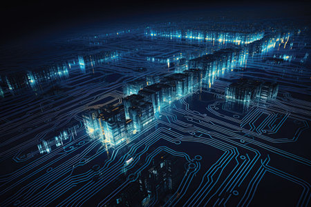 Circuit board in a modern city. Technology concept. 3D Renderingの素材