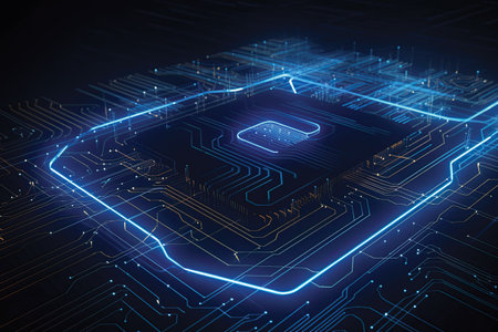 Circuit board on dark background. Technology concept. 3D Renderingの素材