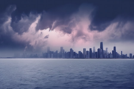 Skyline of Chicago, Illinois, USA with stormy sky.の素材