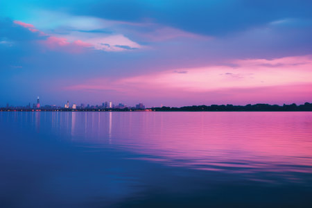 Sunset in the lake. The skyline of the city at sunset.の素材