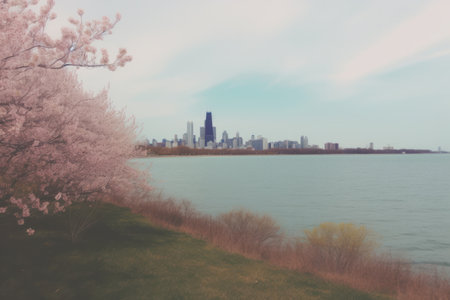 Cherry blossoms and New York City skyline with skyscrapersの素材