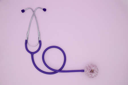 Stethoscope, pink flower on pink background with copy space. Medical flat lay.の写真素材