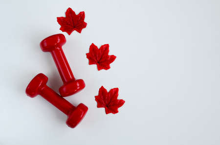Two red dumbbells and red autumn maple leaves on white background with copy space. Concept of healthy lifestyle, giving gifts, love of sports, shopping, halloween, autumn.の写真素材