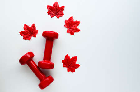 Two red dumbbells and red autumn maple leaves on white background with copy space. Concept of healthy lifestyle, giving gifts, love of sports, shopping, halloween, autumn.の写真素材