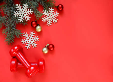 Two red sports dumbbells and a Christmas tree with snowflakes and red balls on a red background with copy space. Christmas sport flat. Concept of a healthy lifestyle.の写真素材