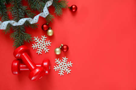 Two red sports dumbbells and a Christmas tree with snowflakes and red balls, white measuring tape on a red background with copy space. Christmas sport flatly. Concept of a healthy lifestyle.の写真素材