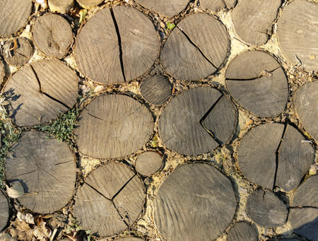 Path in park is made of hand cut logs in autumn. Wooden background made of sawn logs.の写真素材