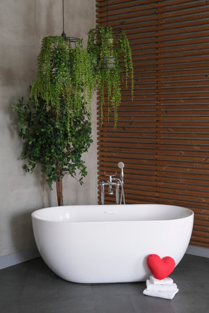 Modern bathroom interior design with concrete walls, wooden slats and white bathtub, green plants. towels and heart. Valentine's day concept, relaxation, massage, gifts, care, rest.の写真素材